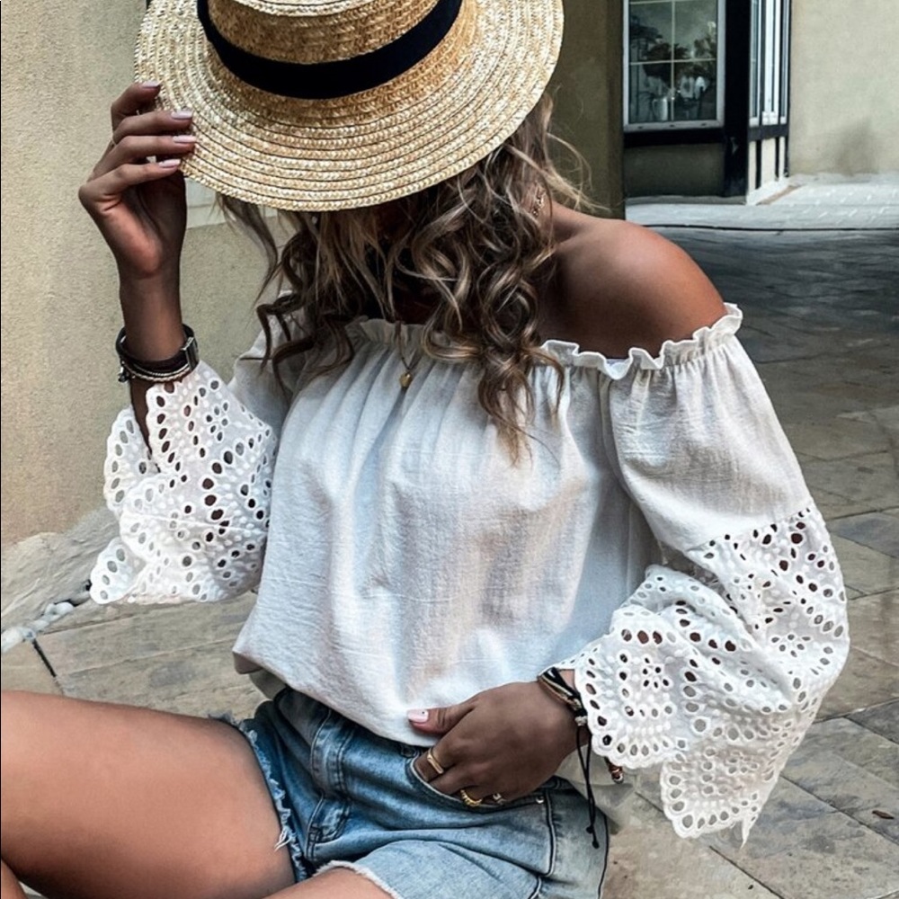 Boho Off Shoulder Eyelet Embroidery Frill Top Blouse White - Picture 3 of 15